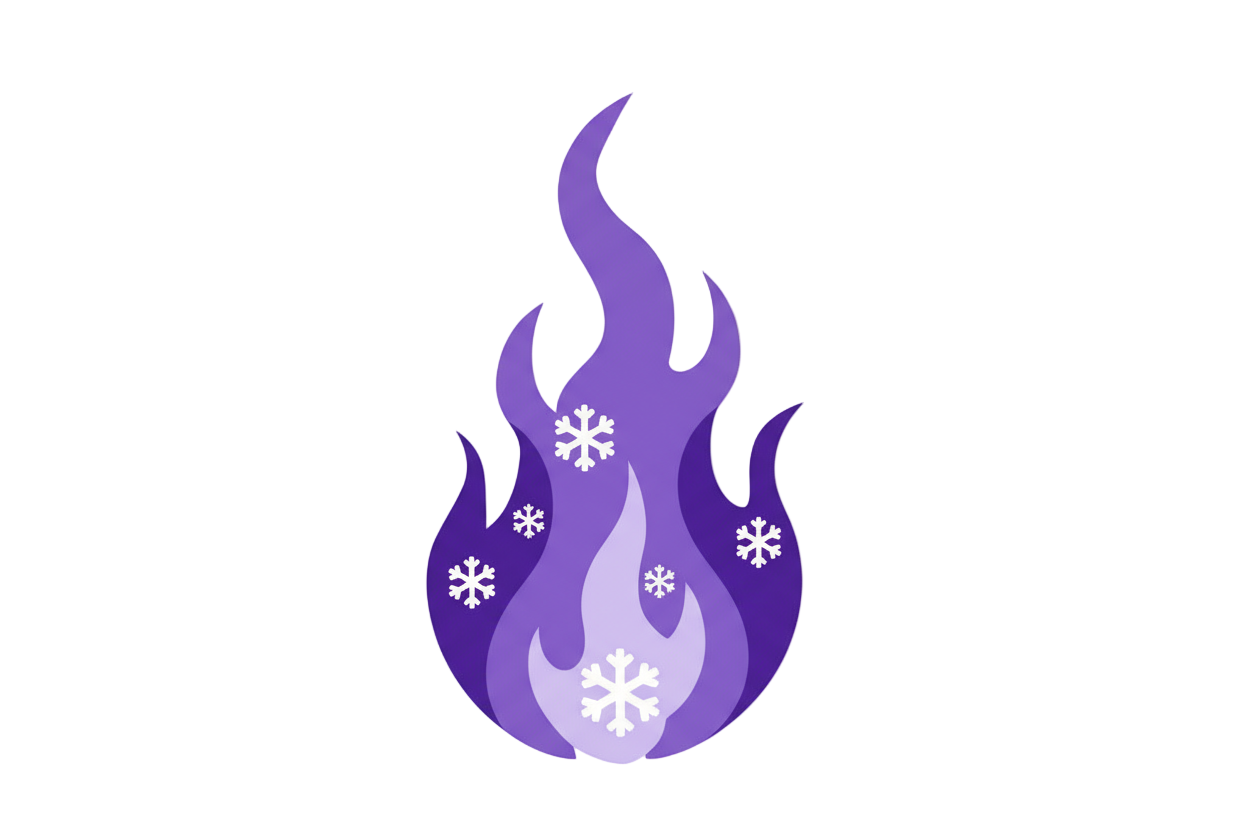 Purple flames with snowflakes on a white background