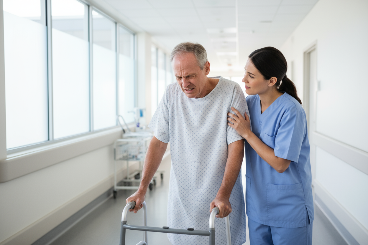 woman helping a man walk while his face exudes pain and her face exudes concern. they are in a hospital